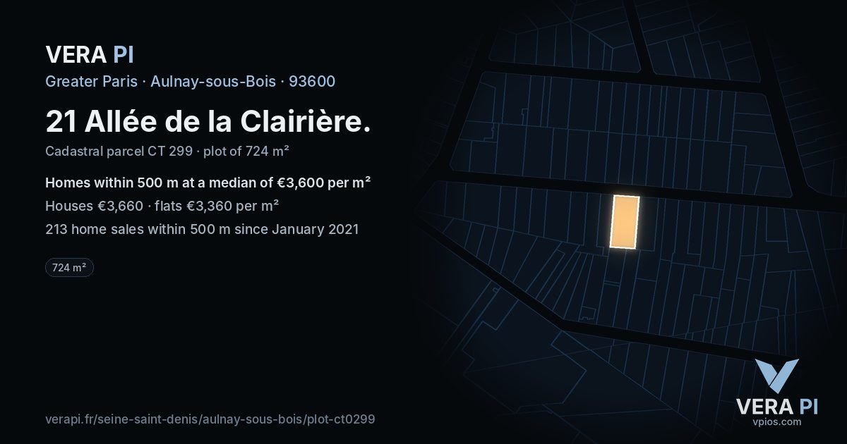21 Allée de la Clairière, Aulnay-sous-Bois at night – the plot lit, the parcels around coloured by the prices near them