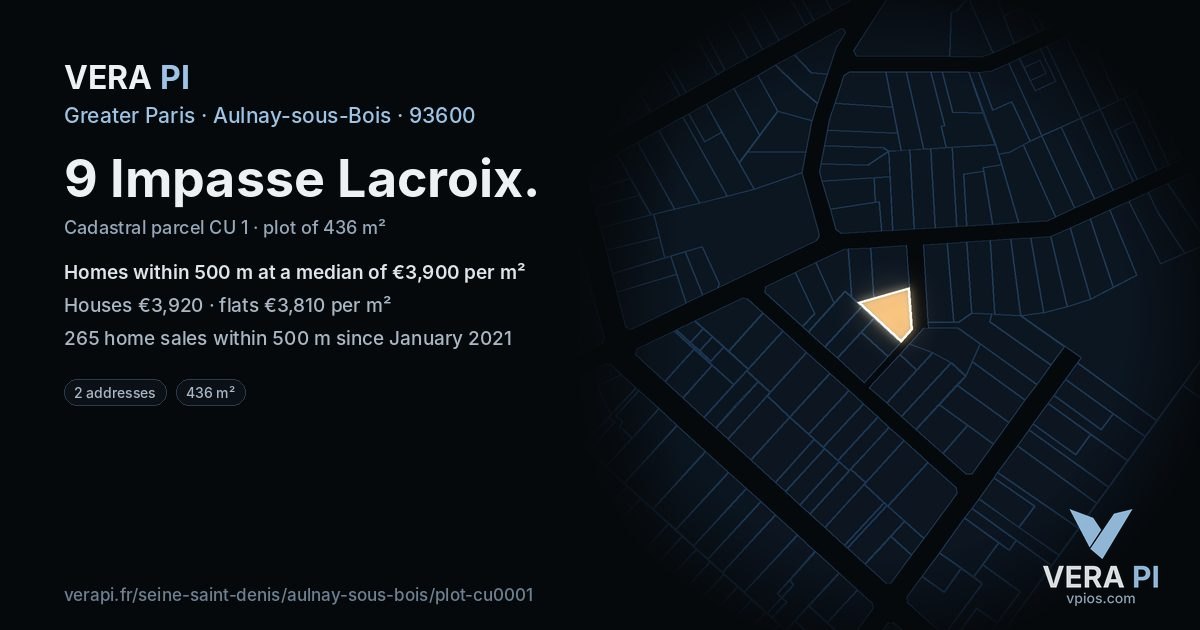 9 Impasse Lacroix, Aulnay-sous-Bois at night – the plot lit, the parcels around coloured by the prices near them