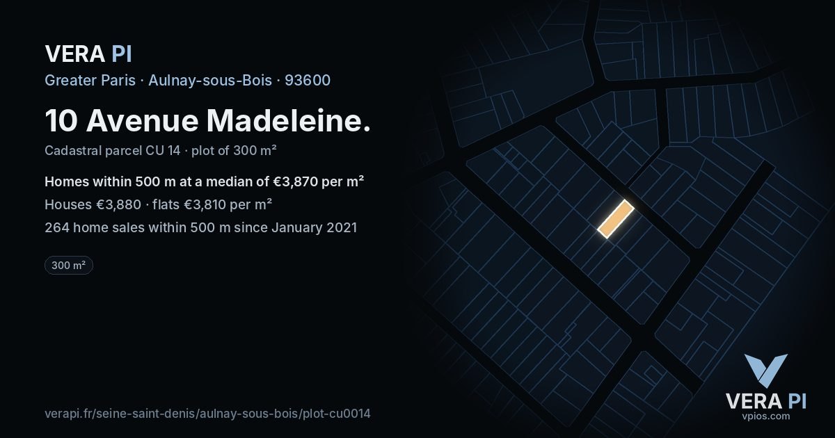 10 Avenue Madeleine, Aulnay-sous-Bois at night – the plot lit, the parcels around coloured by the prices near them