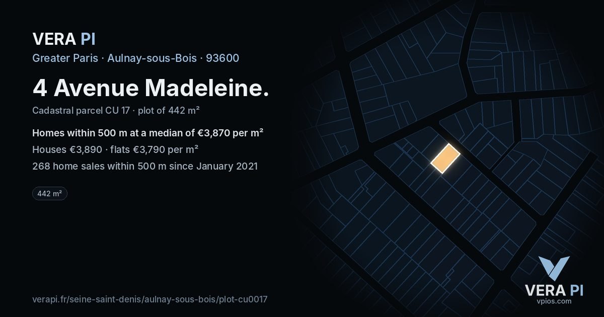 4 Avenue Madeleine, Aulnay-sous-Bois at night – the plot lit, the parcels around coloured by the prices near them