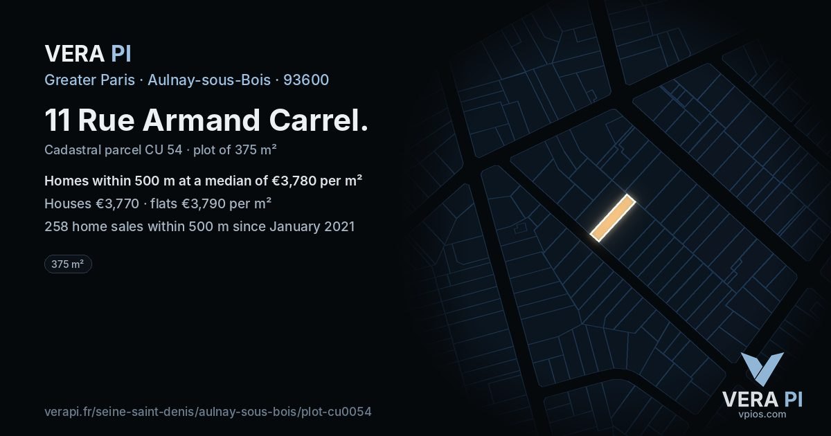 11 Rue Armand Carrel, Aulnay-sous-Bois at night – the plot lit, the parcels around coloured by the prices near them