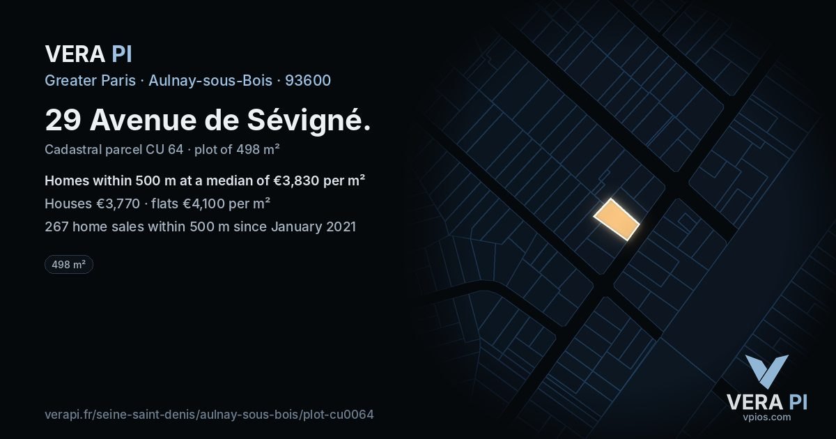 29 Avenue de Sévigné, Aulnay-sous-Bois at night – the plot lit, the parcels around coloured by the prices near them
