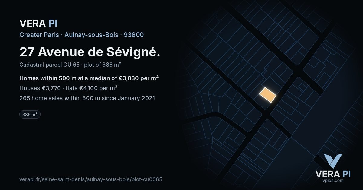 27 Avenue de Sévigné, Aulnay-sous-Bois at night – the plot lit, the parcels around coloured by the prices near them