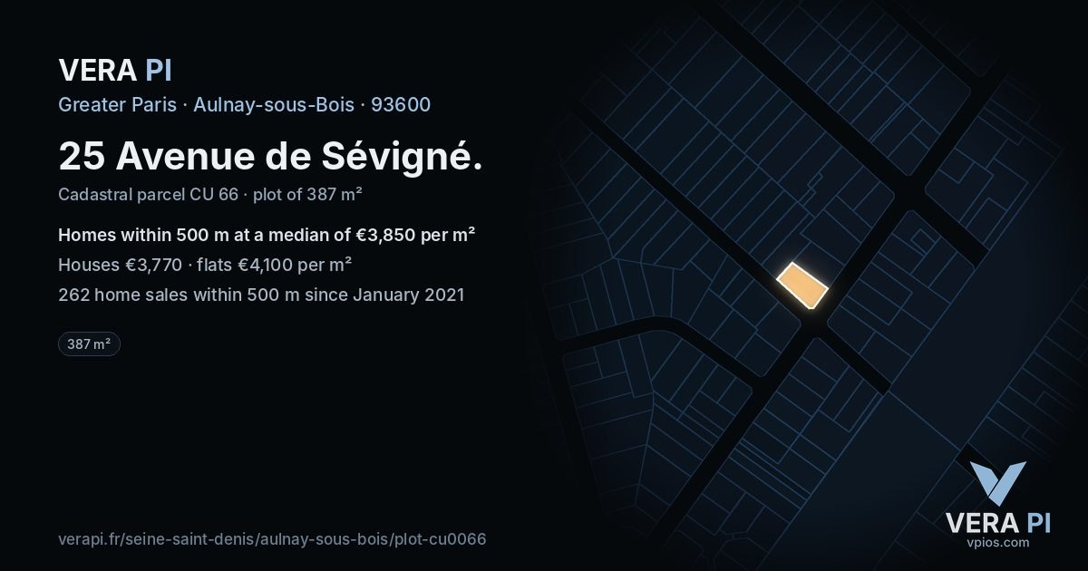 25 Avenue de Sévigné, Aulnay-sous-Bois at night – the plot lit, the parcels around coloured by the prices near them