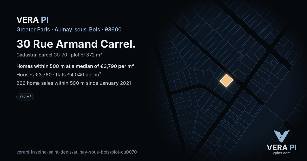 30 Rue Armand Carrel, Aulnay-sous-Bois at night – the plot lit, the parcels around coloured by the prices near them