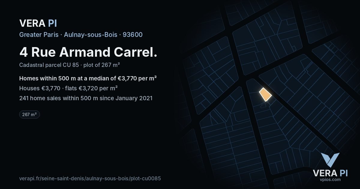 4 Rue Armand Carrel, Aulnay-sous-Bois at night – the plot lit, the parcels around coloured by the prices near them