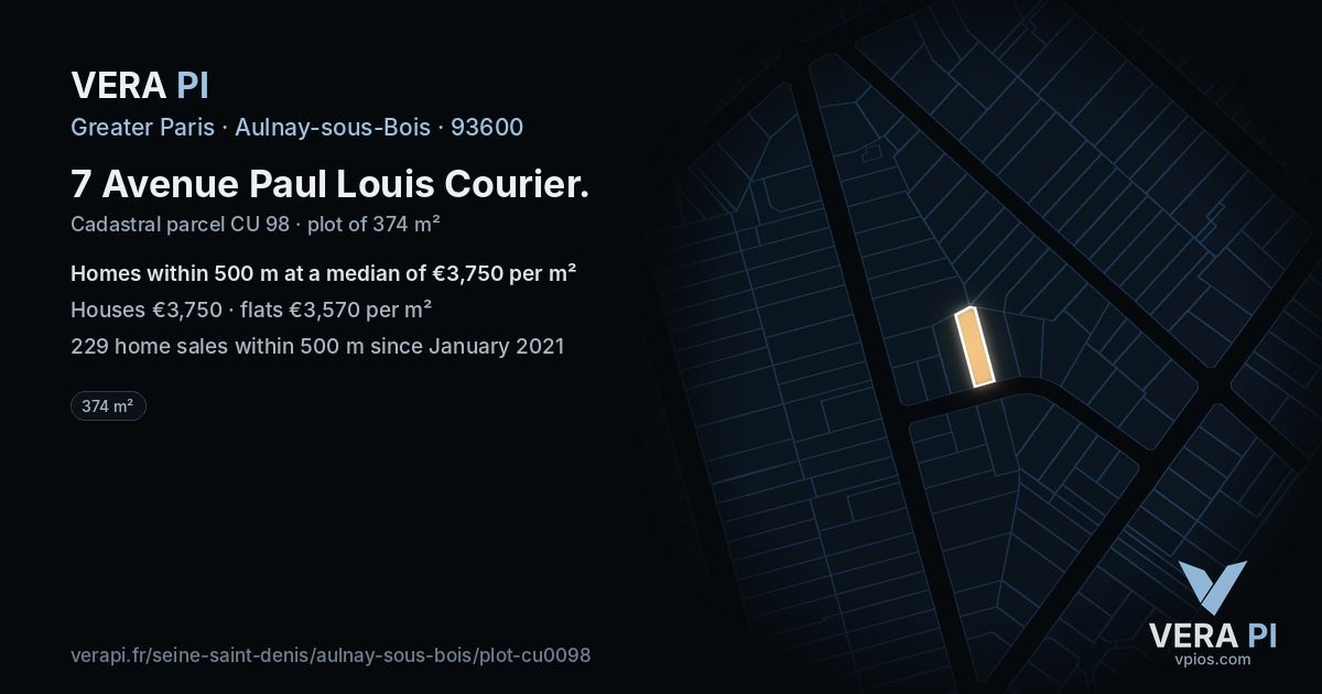 7 Avenue Paul Louis Courier, Aulnay-sous-Bois at night – the plot lit, the parcels around coloured by the prices near them