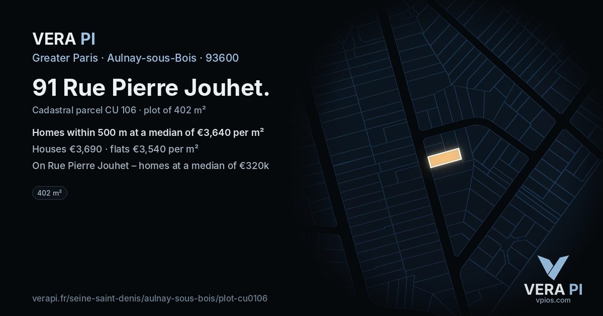 91 Rue Pierre Jouhet, Aulnay-sous-Bois at night – the plot lit, the parcels around coloured by the prices near them