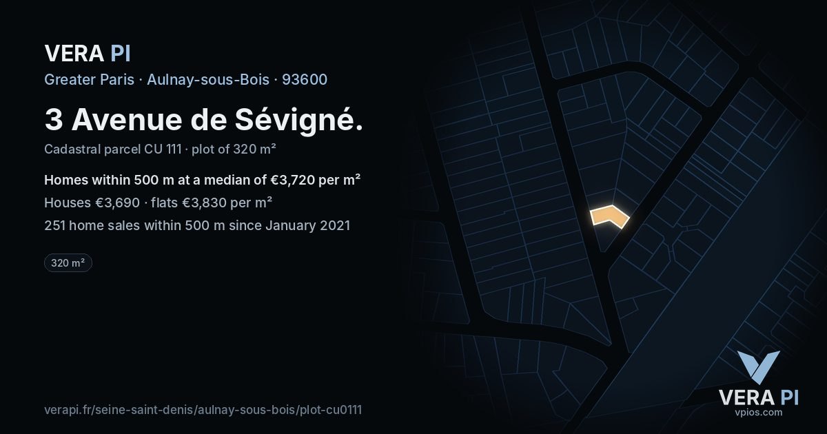 3 Avenue de Sévigné, Aulnay-sous-Bois at night – the plot lit, the parcels around coloured by the prices near them