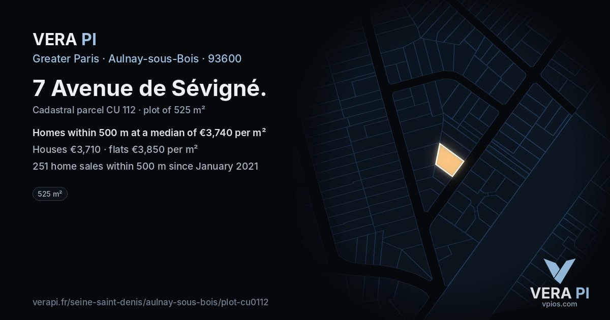 7 Avenue de Sévigné, Aulnay-sous-Bois at night – the plot lit, the parcels around coloured by the prices near them