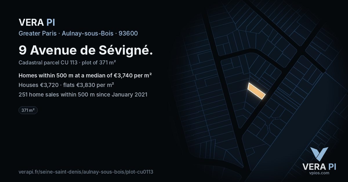 9 Avenue de Sévigné, Aulnay-sous-Bois at night – the plot lit, the parcels around coloured by the prices near them