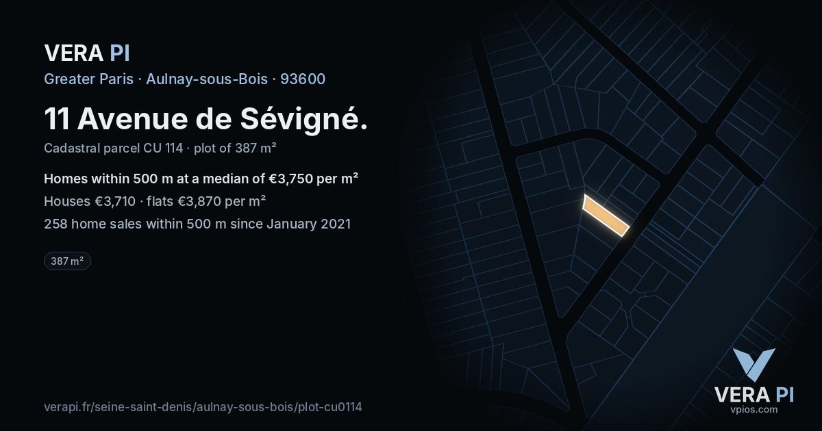 11 Avenue de Sévigné, Aulnay-sous-Bois at night – the plot lit, the parcels around coloured by the prices near them