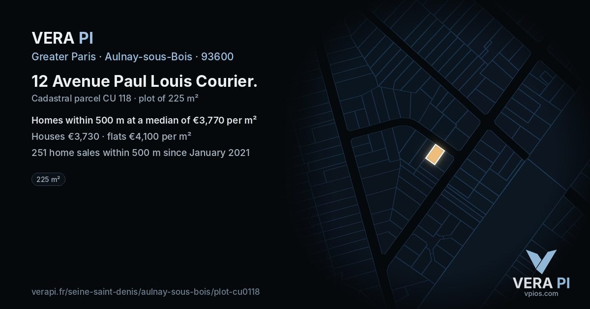 12 Avenue Paul Louis Courier, Aulnay-sous-Bois at night – the plot lit, the parcels around coloured by the prices near them