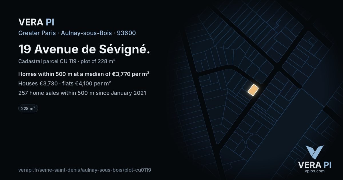19 Avenue de Sévigné, Aulnay-sous-Bois at night – the plot lit, the parcels around coloured by the prices near them