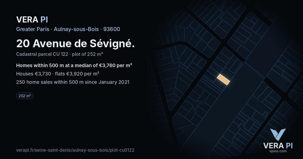 20 Avenue de Sévigné, Aulnay-sous-Bois at night – the plot lit, the parcels around coloured by the prices near them