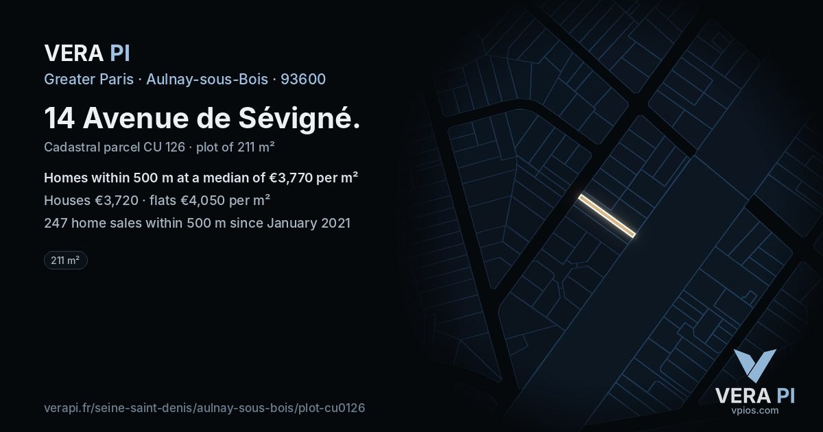 14 Avenue de Sévigné, Aulnay-sous-Bois at night – the plot lit, the parcels around coloured by the prices near them