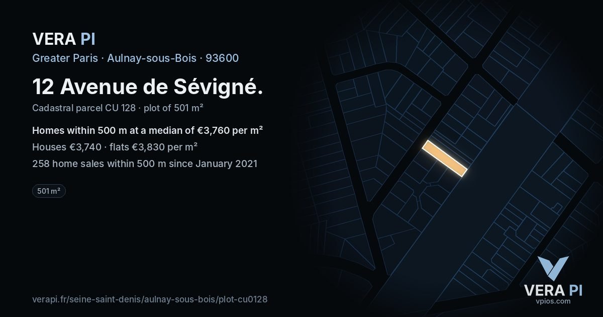 12 Avenue de Sévigné, Aulnay-sous-Bois at night – the plot lit, the parcels around coloured by the prices near them