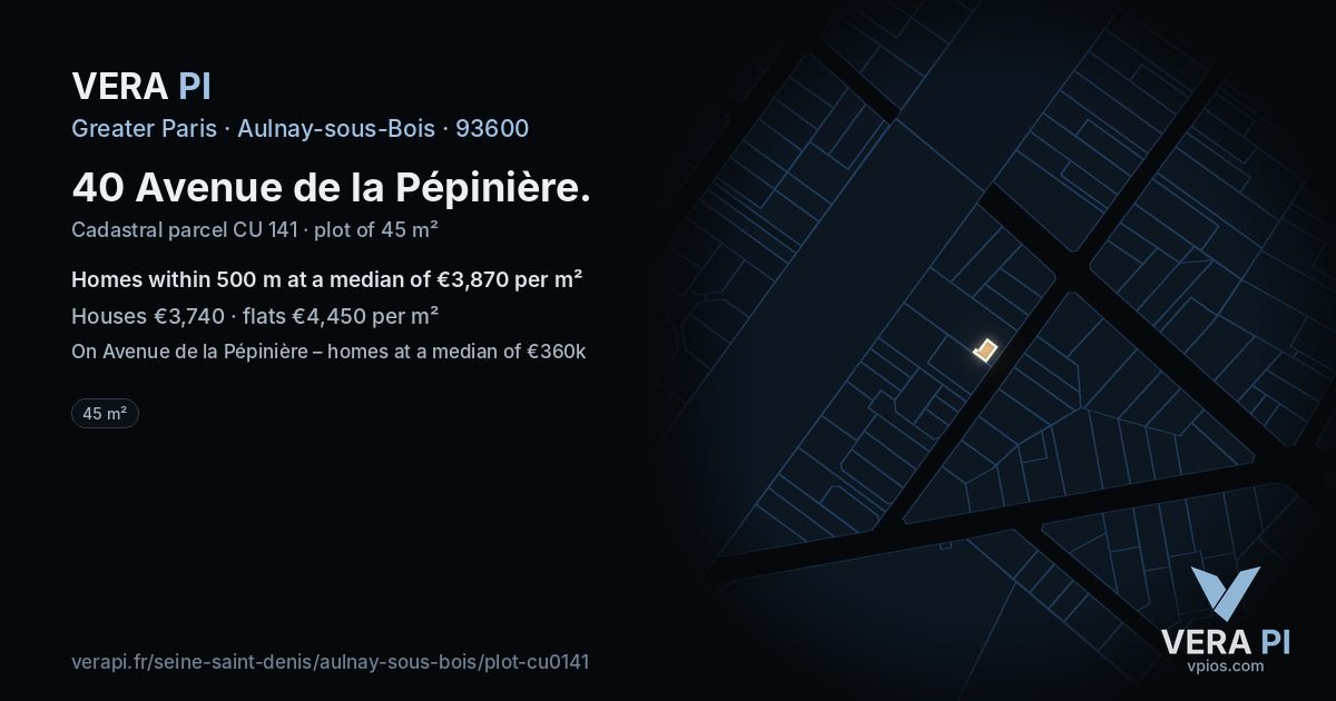 40 Avenue de la Pépinière, Aulnay-sous-Bois at night – the plot lit, the parcels around coloured by the prices near them