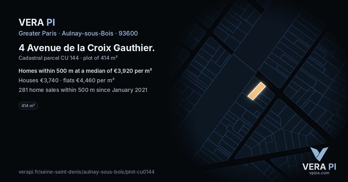 4 Avenue de la Croix Gauthier, Aulnay-sous-Bois at night – the plot lit, the parcels around coloured by the prices near them