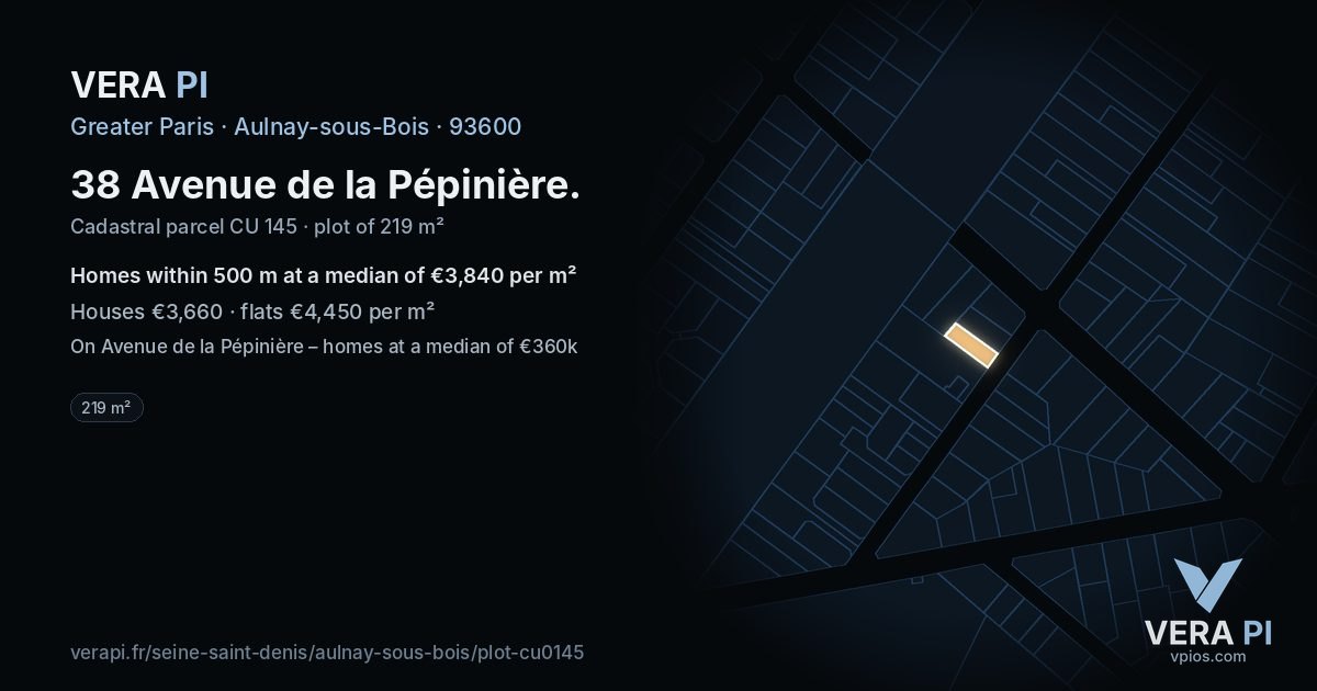 38 Avenue de la Pépinière, Aulnay-sous-Bois at night – the plot lit, the parcels around coloured by the prices near them