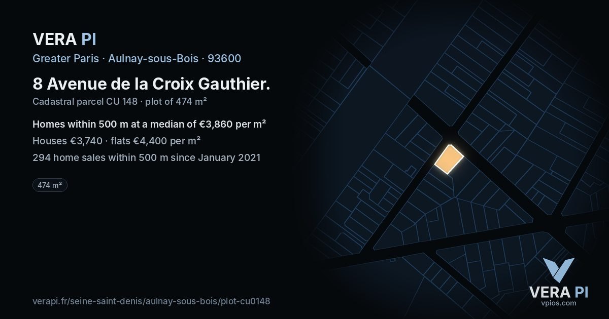 8 Avenue de la Croix Gauthier, Aulnay-sous-Bois at night – the plot lit, the parcels around coloured by the prices near them