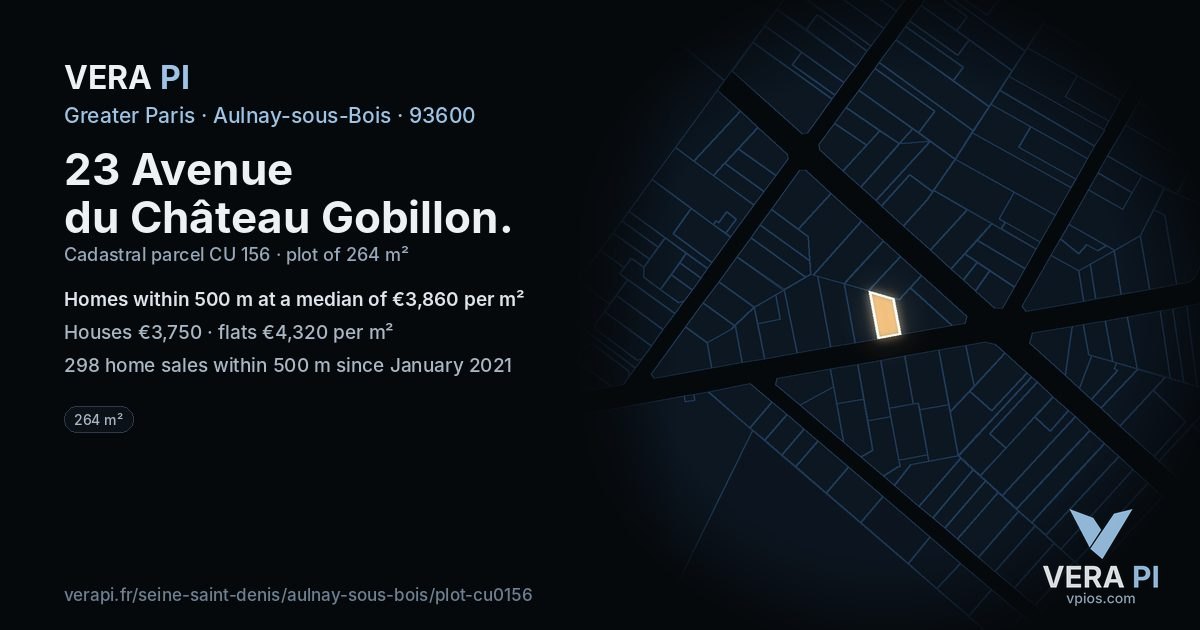 23 Avenue du Château Gobillon, Aulnay-sous-Bois at night – the plot lit, the parcels around coloured by the prices near them