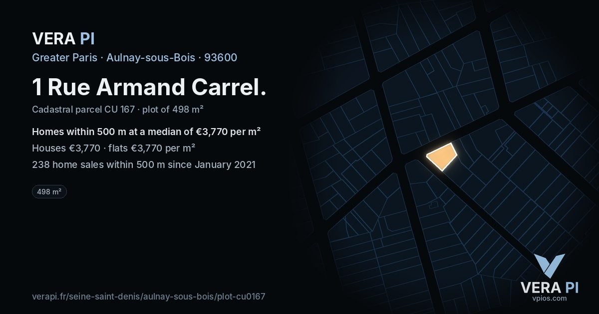 1 Rue Armand Carrel, Aulnay-sous-Bois at night – the plot lit, the parcels around coloured by the prices near them