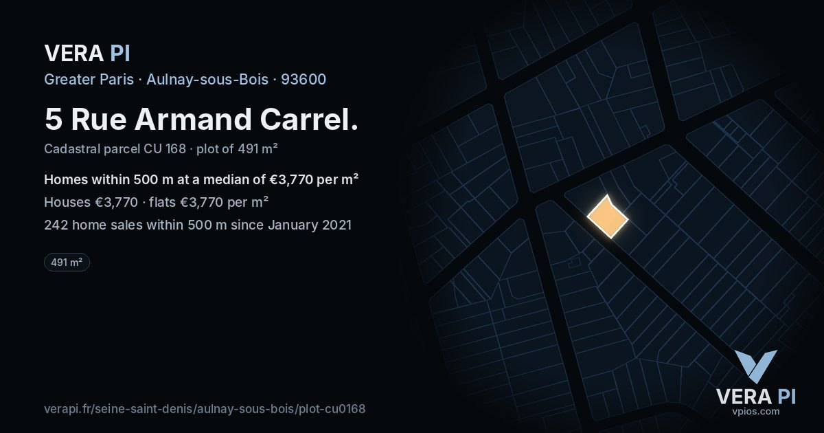 5 Rue Armand Carrel, Aulnay-sous-Bois at night – the plot lit, the parcels around coloured by the prices near them