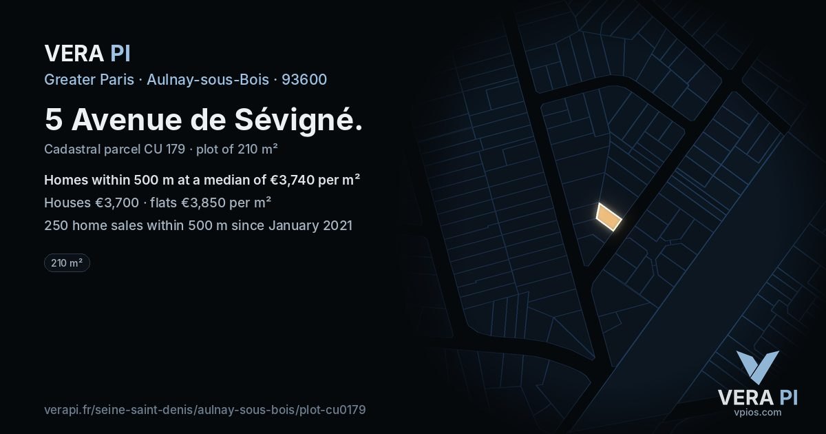 5 Avenue de Sévigné, Aulnay-sous-Bois at night – the plot lit, the parcels around coloured by the prices near them