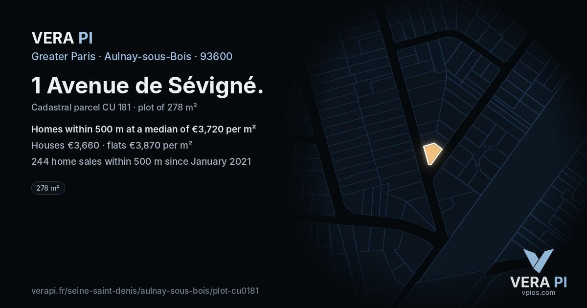 1 Avenue de Sévigné, Aulnay-sous-Bois at night – the plot lit, the parcels around coloured by the prices near them