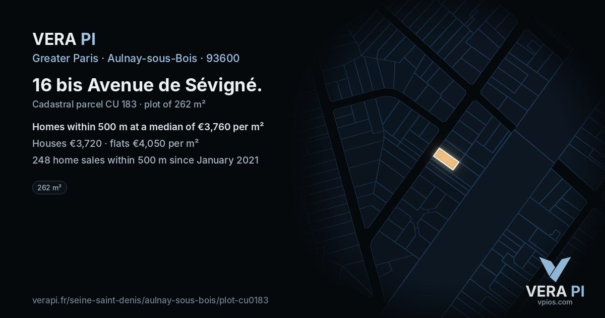 16 bis Avenue de Sévigné, Aulnay-sous-Bois at night – the plot lit, the parcels around coloured by the prices near them