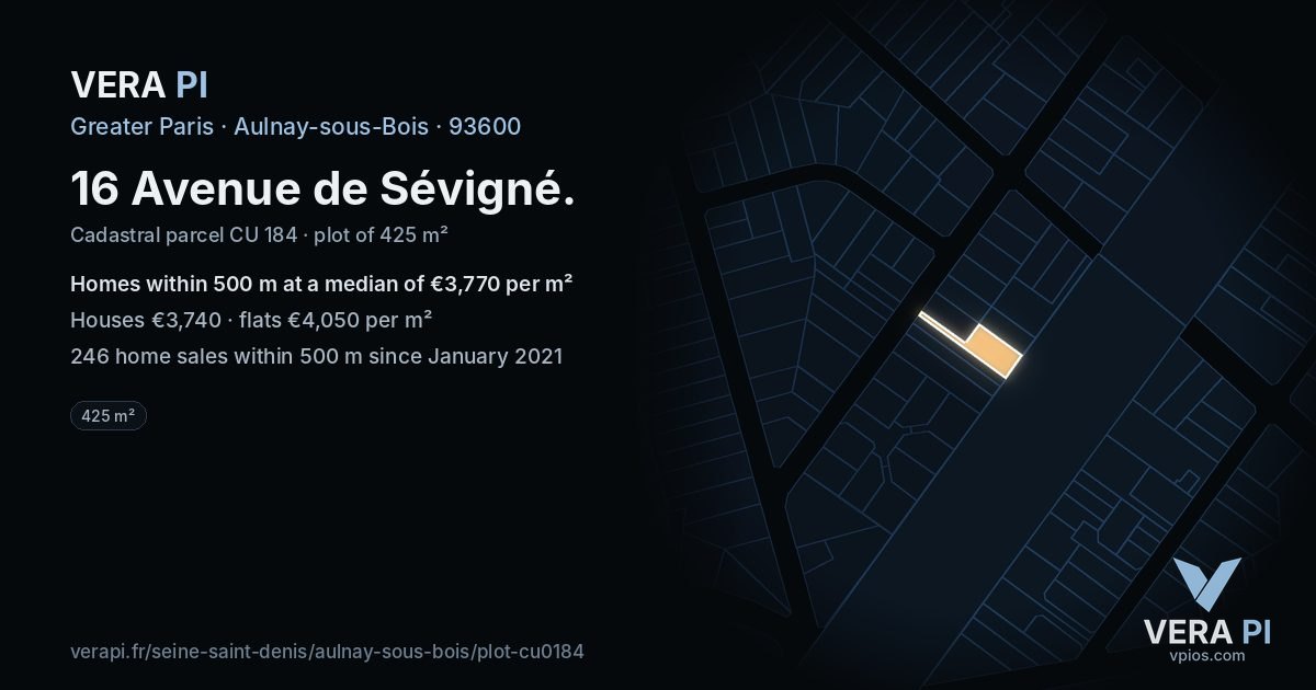 16 Avenue de Sévigné, Aulnay-sous-Bois at night – the plot lit, the parcels around coloured by the prices near them