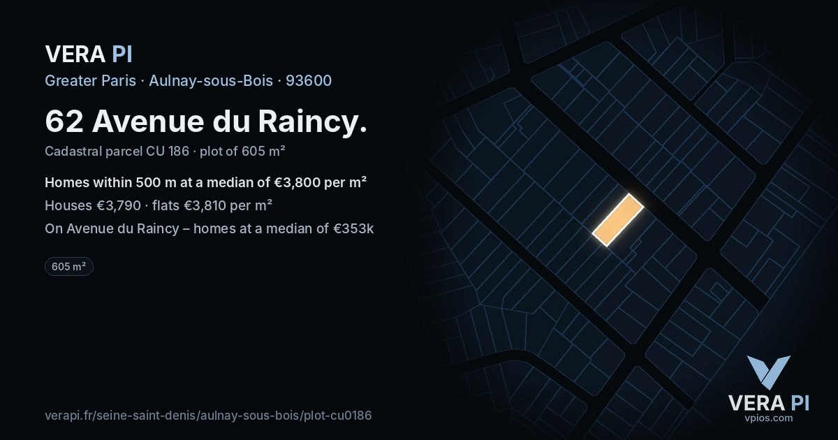 62 Avenue du Raincy, Aulnay-sous-Bois at night – the plot lit, the parcels around coloured by the prices near them
