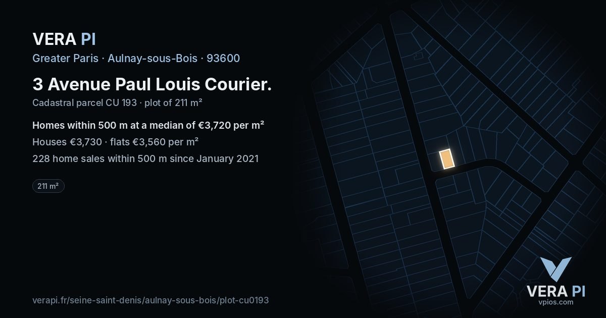 3 Avenue Paul Louis Courier, Aulnay-sous-Bois at night – the plot lit, the parcels around coloured by the prices near them