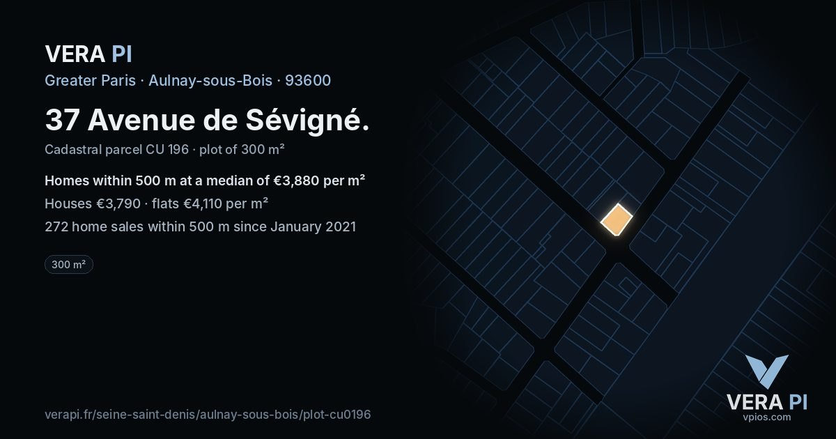 37 Avenue de Sévigné, Aulnay-sous-Bois at night – the plot lit, the parcels around coloured by the prices near them