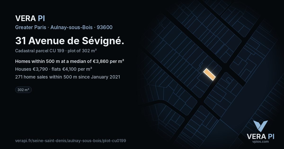 31 Avenue de Sévigné, Aulnay-sous-Bois at night – the plot lit, the parcels around coloured by the prices near them
