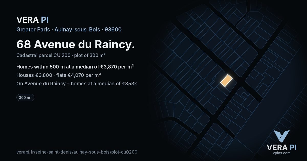 68 Avenue du Raincy, Aulnay-sous-Bois at night – the plot lit, the parcels around coloured by the prices near them