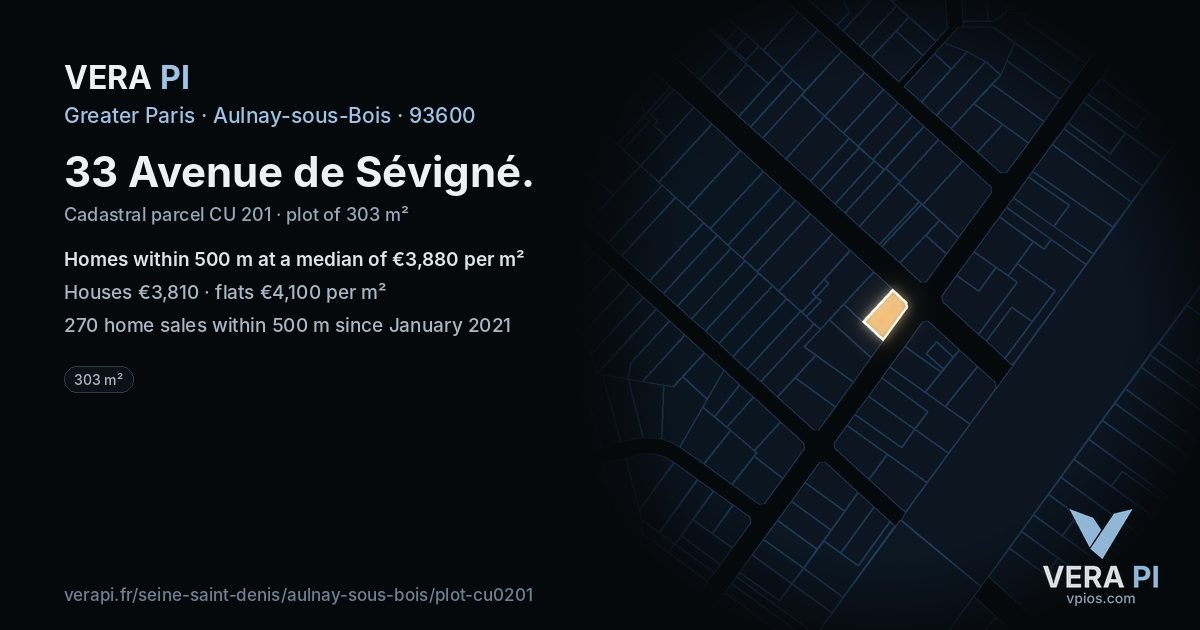 33 Avenue de Sévigné, Aulnay-sous-Bois at night – the plot lit, the parcels around coloured by the prices near them