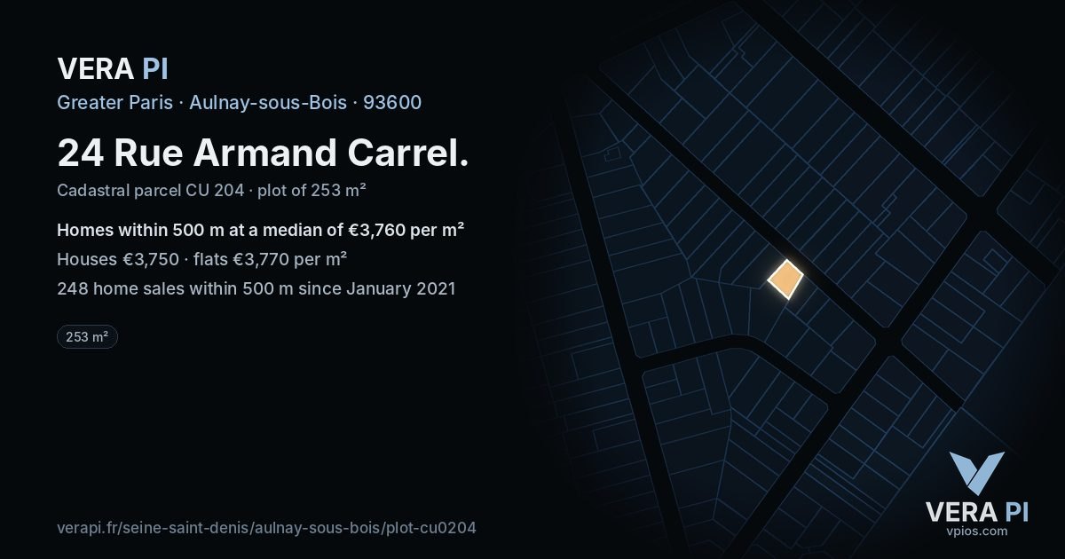 24 Rue Armand Carrel, Aulnay-sous-Bois at night – the plot lit, the parcels around coloured by the prices near them