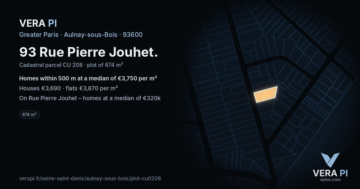 93 Rue Pierre Jouhet, Aulnay-sous-Bois at night – the plot lit, the parcels around coloured by the prices near them
