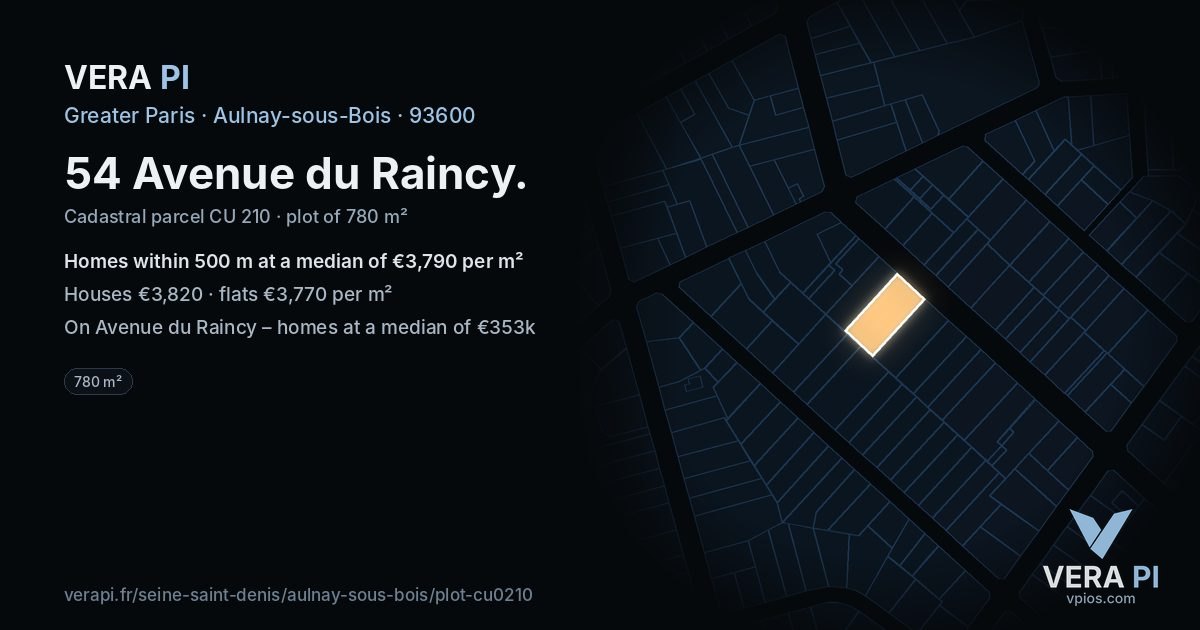 54 Avenue du Raincy, Aulnay-sous-Bois at night – the plot lit, the parcels around coloured by the prices near them