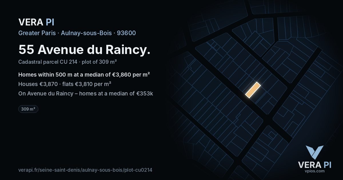 55 Avenue du Raincy, Aulnay-sous-Bois at night – the plot lit, the parcels around coloured by the prices near them
