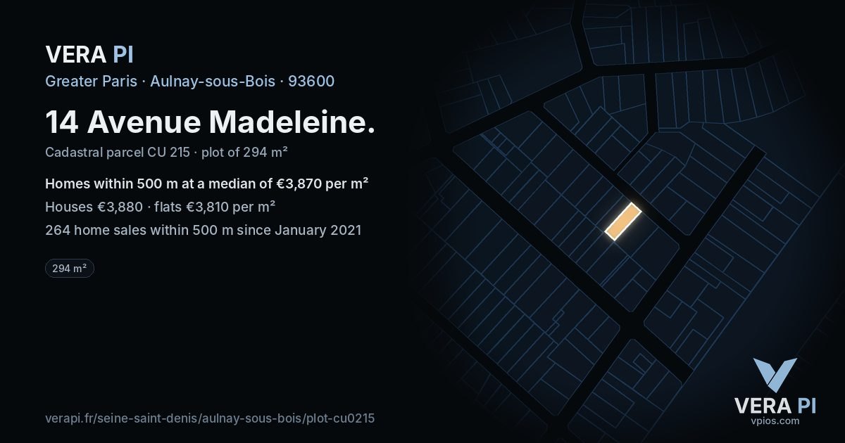 14 Avenue Madeleine, Aulnay-sous-Bois at night – the plot lit, the parcels around coloured by the prices near them