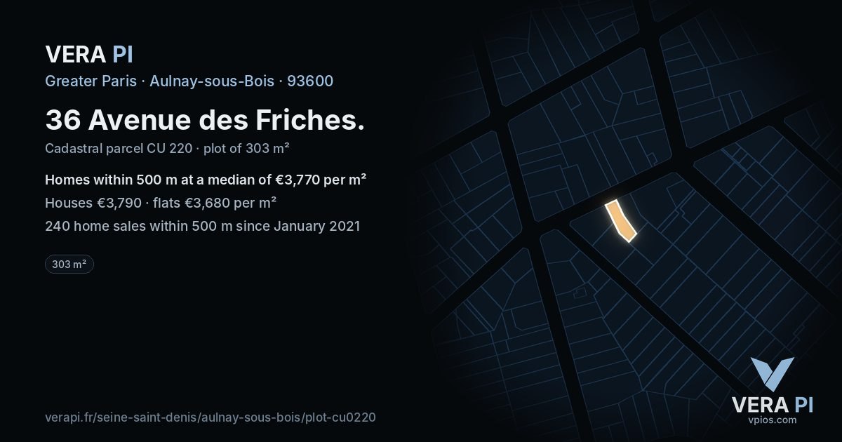 36 Avenue des Friches, Aulnay-sous-Bois at night – the plot lit, the parcels around coloured by the prices near them