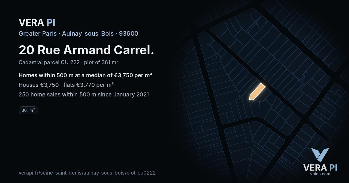 20 Rue Armand Carrel, Aulnay-sous-Bois at night – the plot lit, the parcels around coloured by the prices near them