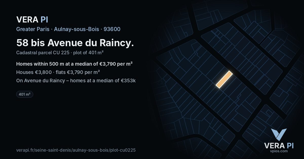 58 bis Avenue du Raincy, Aulnay-sous-Bois at night – the plot lit, the parcels around coloured by the prices near them