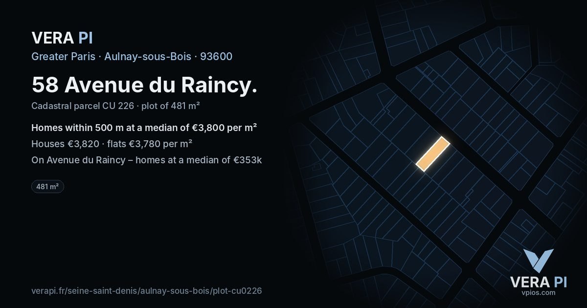 58 Avenue du Raincy, Aulnay-sous-Bois at night – the plot lit, the parcels around coloured by the prices near them