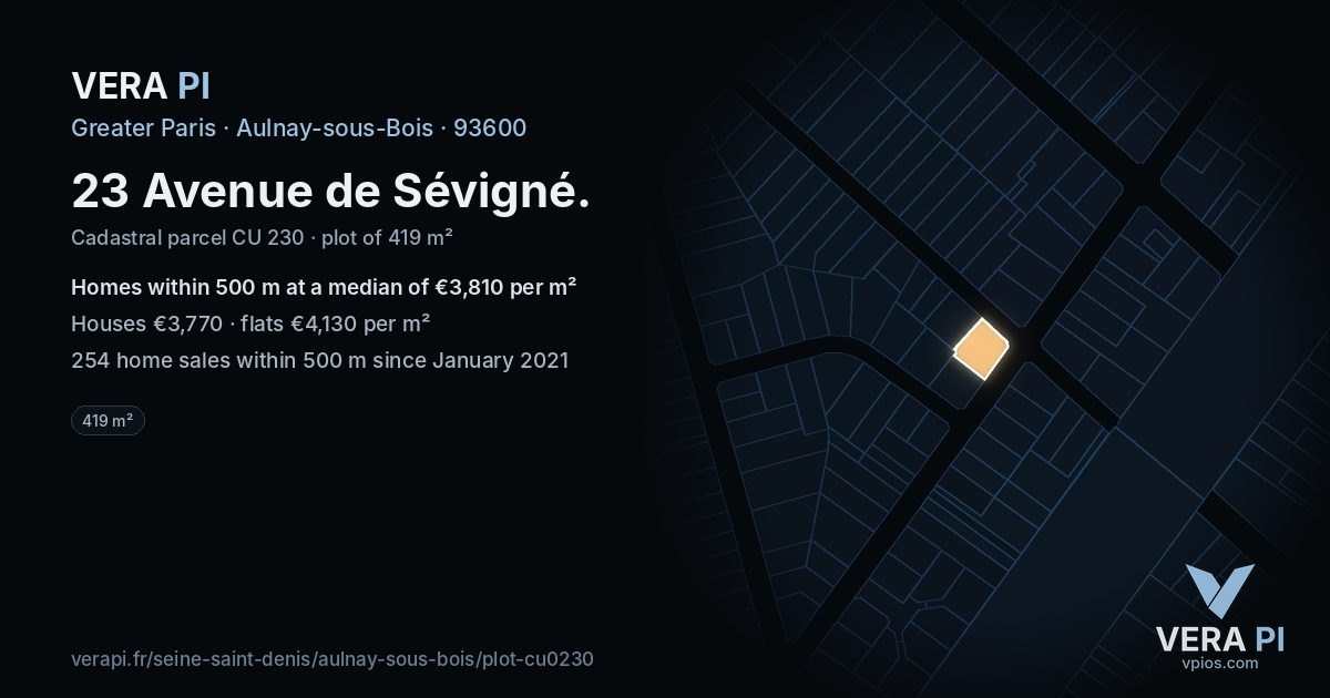 23 Avenue de Sévigné, Aulnay-sous-Bois at night – the plot lit, the parcels around coloured by the prices near them