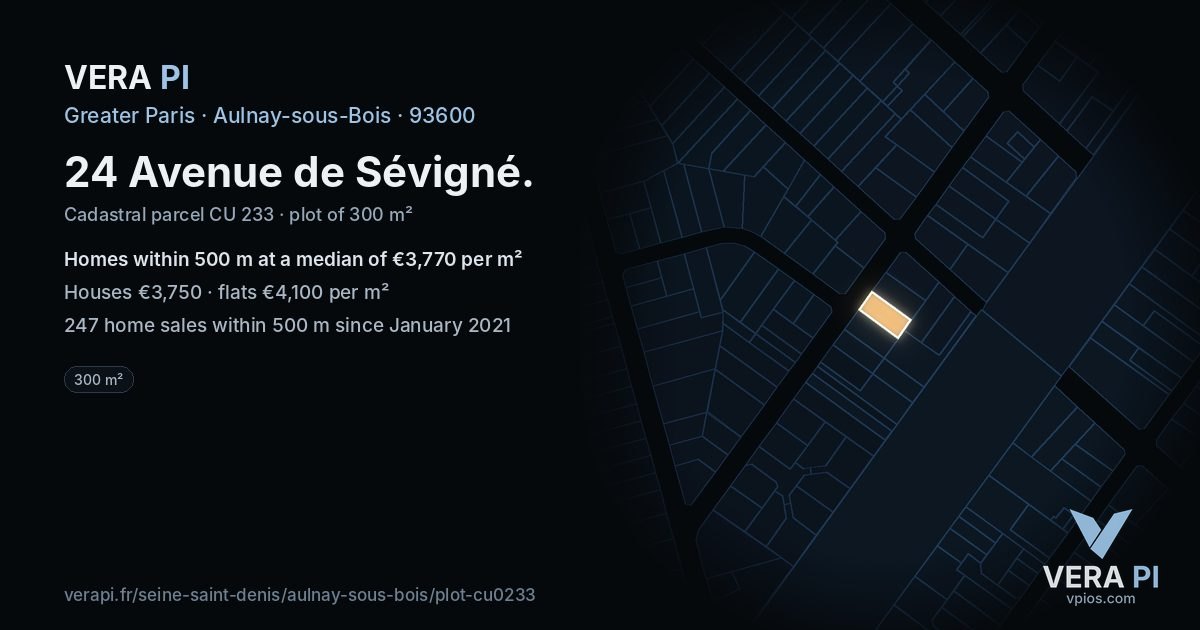 24 Avenue de Sévigné, Aulnay-sous-Bois at night – the plot lit, the parcels around coloured by the prices near them