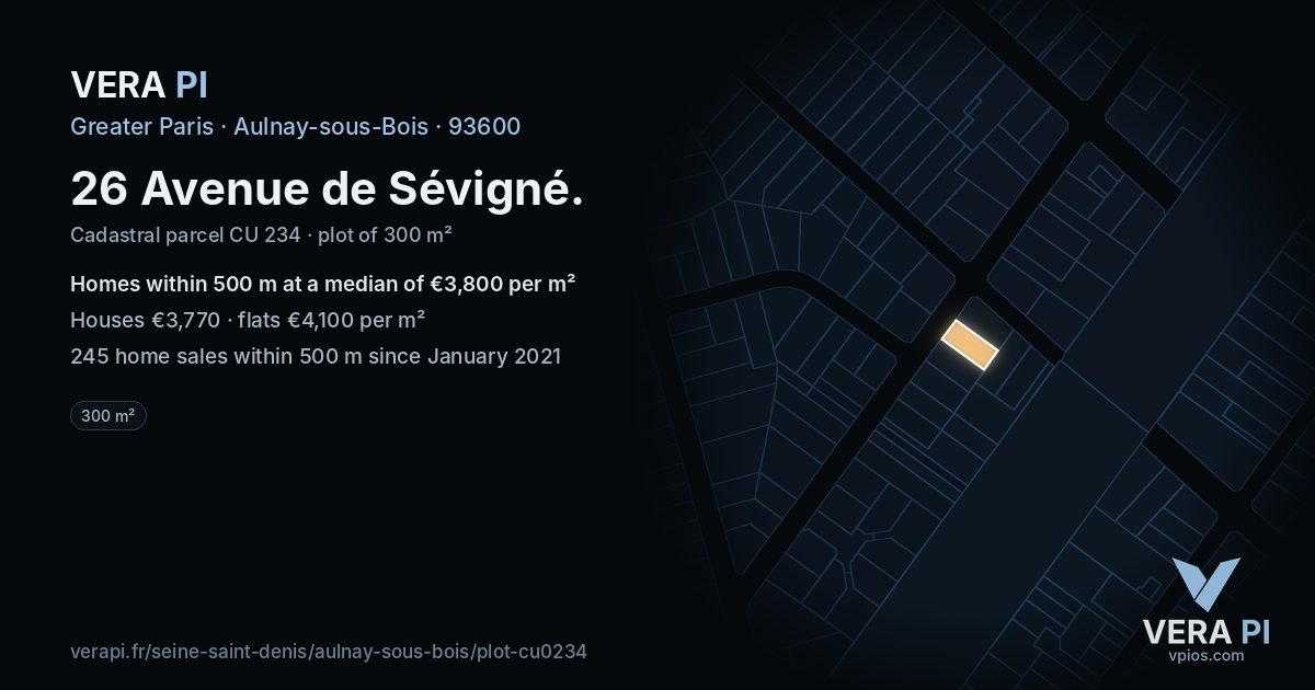 26 Avenue de Sévigné, Aulnay-sous-Bois at night – the plot lit, the parcels around coloured by the prices near them